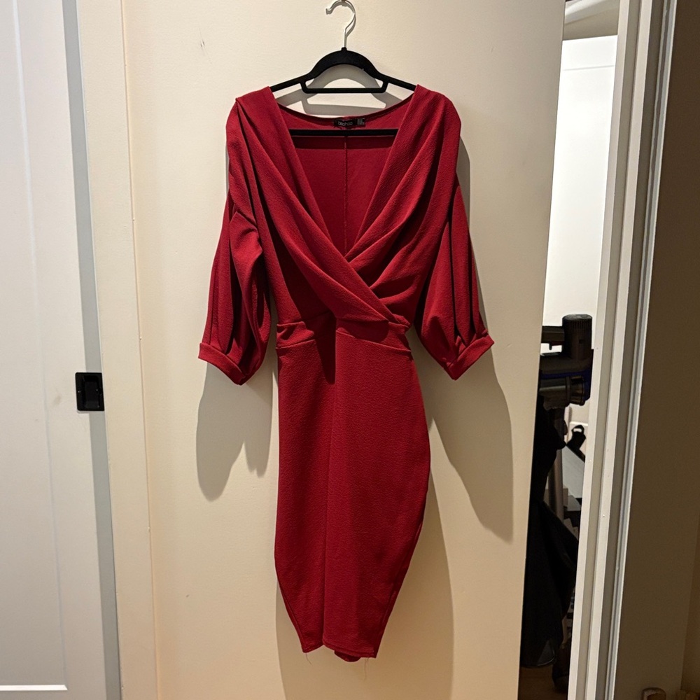 Boohoo Plus Red Long Sleeve Dress